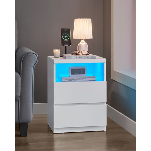 Table De Chevet, Lot De 2, Avec éclairage LED Réglable, Meuble à Tiroirs, Style Moderne, Blanc