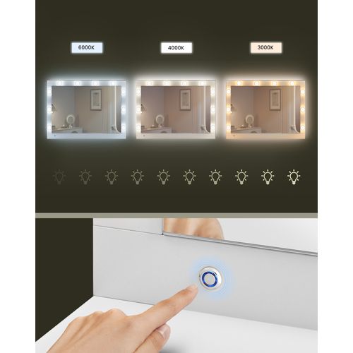 Coiffeuse, Avec Tiroir, Avec Éclairage LED Et Miroir, Multiprise, 40 X 125 X 140 Cm, Blanc Nuage