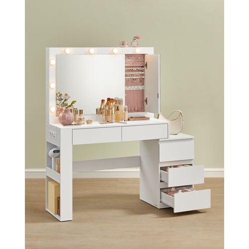 Coiffeuse, Avec Tiroir, Avec Éclairage LED Et Miroir, Multiprise, 40 X 125 X 140 Cm, Blanc Nuage