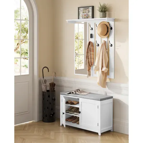 Ensemble Porte-manteau Avec Banc à Chaussures, Miroir, 8 Crochets Doubles, Largeur De 82 Cm, Blanc