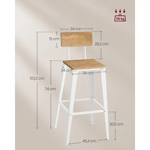 Tabourets De Bar Industriel, Lot De 4, Chaise Bar Cuisine, Avec Dossier, Marron Blé Et Blanc Nuage