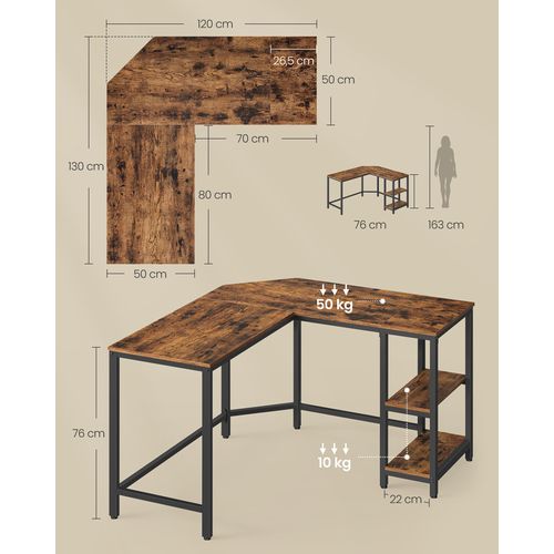 Bureau D'ordinateur En Forme De L, 120 X 130 X 76 Cm, Bureau D'angle Avec 2 Étagères