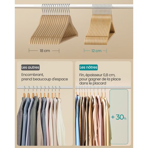 Cintres En Bois, Lot De 30, Fins, Avec Encoches, Crochet Pivotant à 360°, Veste, Naturel