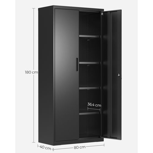 Meuble De Rangement Bureau, En Acier, 5 Niveaux, Doubles Portes, Serrure, Étagères Réglables, Noir