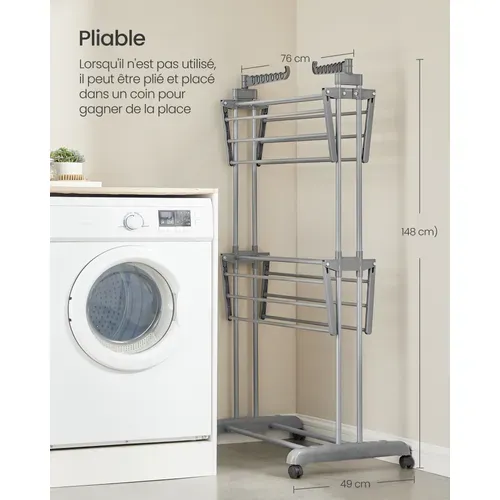 Étendoir à Linge, Séchoir Mobile à 3 Niveaux, Pliable, Gris