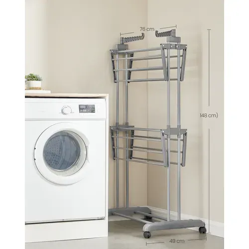 Étendoir à Linge, Séchoir Mobile à 3 Niveaux, Pliable, Gris