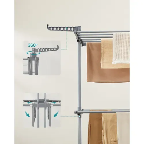 Étendoir à Linge, Séchoir Mobile à 3 Niveaux, Pliable, Gris