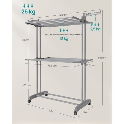Étendoir à Linge, Séchoir Mobile à 3 Niveaux, Pliable, Gris