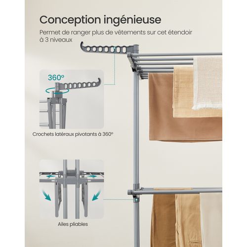Étendoir à Linge, Séchoir Mobile à 3 Niveaux, Pliable, Gris