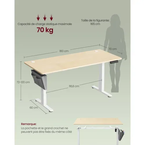 Bureau Électrique Réglable En Hauteur, 160 X 70 Cm, Pour Bureau, Télétravail, Doré Chêne