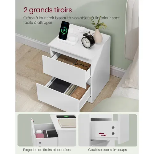 Lot De 2 Table De Chevet Avec Multiprise, 2 Tiroirs, 2 Prises Ca, 2 Ports USB-a, Blanc