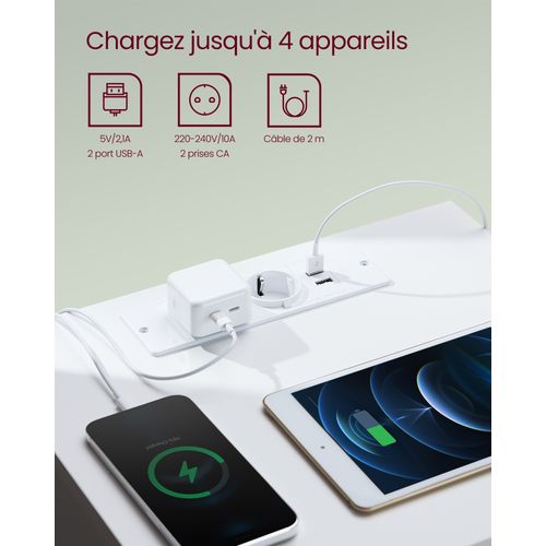 Lot De 2 Table De Chevet Avec Multiprise, 2 Tiroirs, 2 Prises Ca, 2 Ports USB-a, Blanc