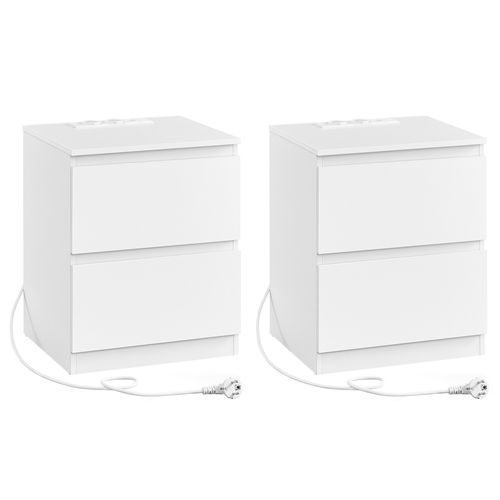 Lot De 2 Table De Chevet Avec Multiprise, 2 Tiroirs, 2 Prises Ca, 2 Ports USB-a, Blanc