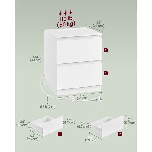 Lot De 2 Table De Chevet Avec Multiprise, 2 Tiroirs, 2 Prises Ca, 2 Ports USB-a, Blanc