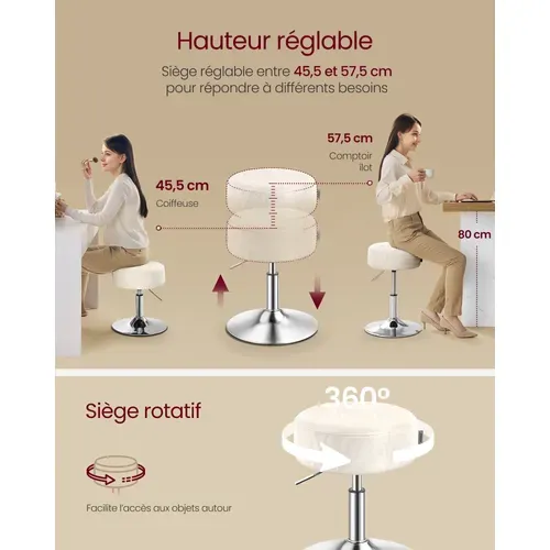 Tabouret De Maquillage, Réglable En Hauteur, Pivotant à 360 Degrés,   Blanc Crème