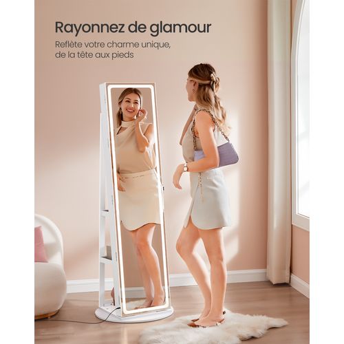 Armoire à Bijoux Sur Pied, Avec Miroir, Avec Éclairage Réglable, Verrouillable, Blanc Nuage