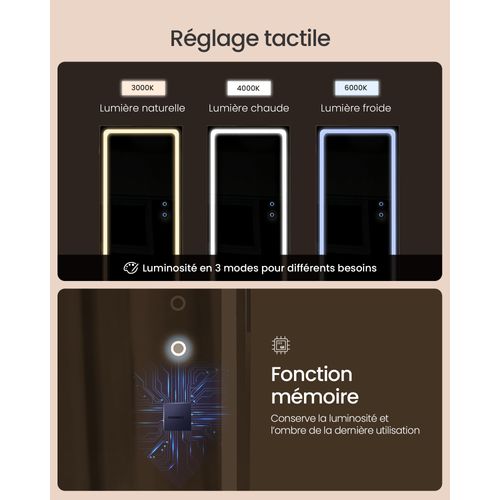 Armoire à Bijoux Sur Pied, Avec Miroir, Avec Éclairage Réglable, Verrouillable, Blanc Nuage