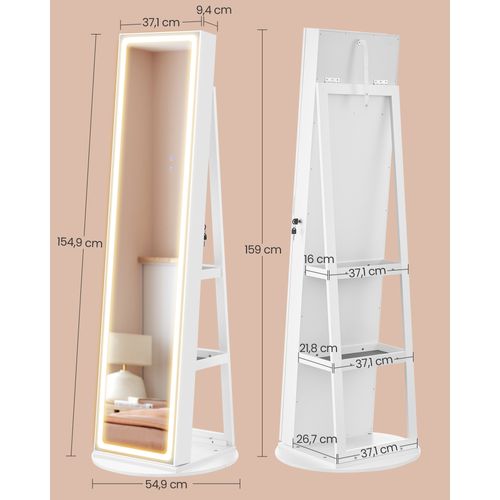 Armoire à Bijoux Sur Pied, Avec Miroir, Avec Éclairage Réglable, Verrouillable, Blanc Nuage