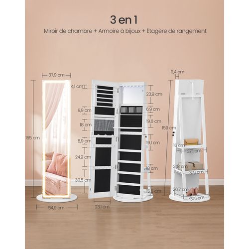 Armoire à Bijoux Sur Pied, Avec Miroir, Avec Éclairage Réglable, Verrouillable, Blanc Nuage