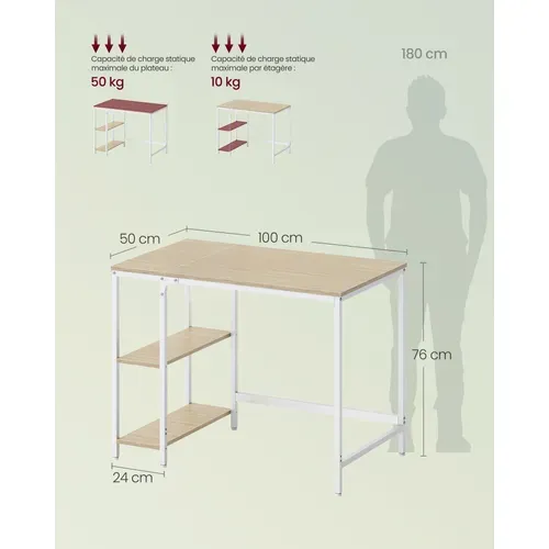 Bureau D'ordinateur, 100 X 50 X 76 Cm, Style Moderne, Beige Naturel Et Blanc Perle