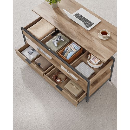 Table Basse Avec Plateau Relevable, Avec Rangement Ouvert Et Compartiment Caché, Marron Et Noir