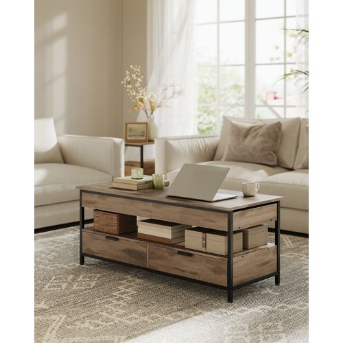 Table Basse Avec Plateau Relevable, Avec Rangement Ouvert Et Compartiment Caché, Marron Et Noir