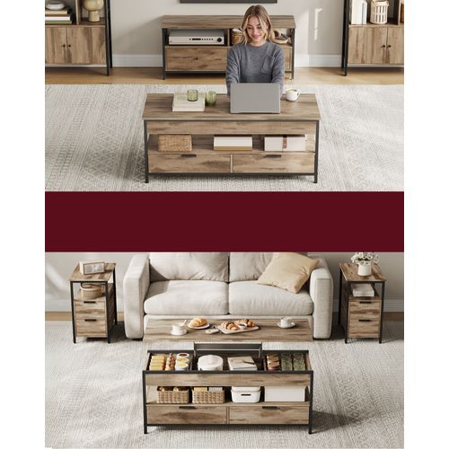 Table Basse Avec Plateau Relevable, Avec Rangement Ouvert Et Compartiment Caché, Marron Et Noir