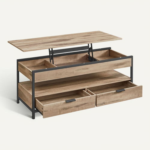 Table Basse Avec Plateau Relevable, Avec Rangement Ouvert Et Compartiment Caché, Marron Et Noir