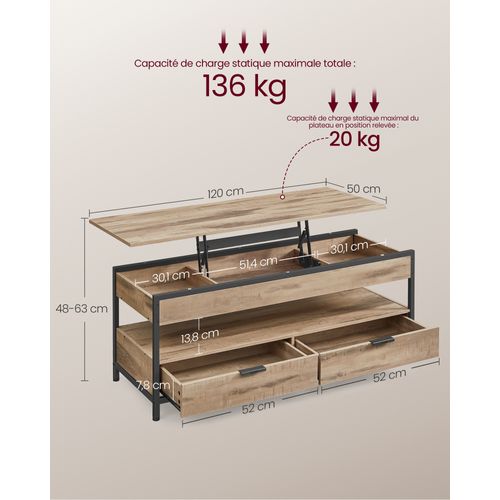 Table Basse Avec Plateau Relevable, Avec Rangement Ouvert Et Compartiment Caché, Marron Et Noir