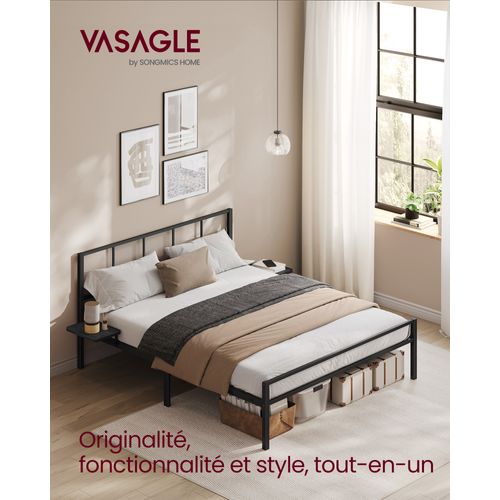 Lit Double, Cadre De Lit En Métal Avec Étagères De Rangement, Tête De Lit, 140 X 190 Cm, Noir