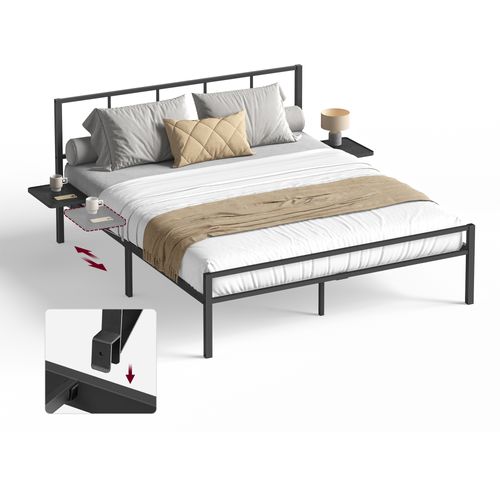 Lit Double, Cadre De Lit En Métal Avec Étagères De Rangement, Tête De Lit, 140 X 190 Cm, Noir