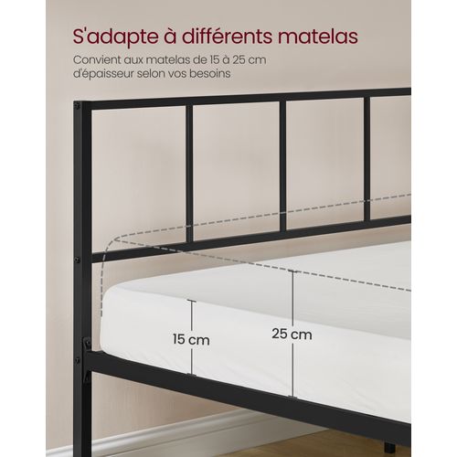 Lit Double, Cadre De Lit En Métal Avec Étagères De Rangement, Tête De Lit, 140 X 190 Cm, Noir