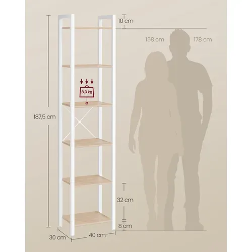 Étagère 6 Niveaux, Pour Bureau, Salon, Chambre, 30 X 40 X 187,5 Cm, Style Industriel, Beige Et Blanc