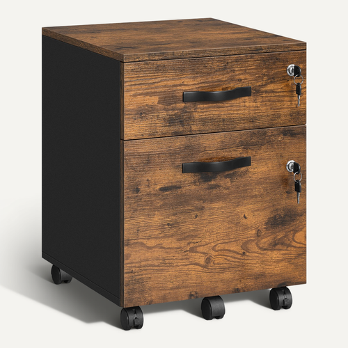 Caisson De Bureau à Roulettes, Verrouillable, Avec 2 Tiroirs, 5 Roulettes, Marron Rustique Et Noir
