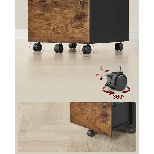 Caisson De Bureau à Roulettes, Verrouillable, Avec 2 Tiroirs, 5 Roulettes, Marron Rustique Et Noir