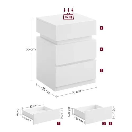 Table De Chevet, Lot De 2, Avec Bande LED Multicolore Réglable, 35 X 40 X 55 Cm, Blanc