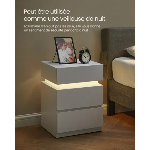 Table De Chevet, Lot De 2, Avec Bande LED Multicolore Réglable, 35 X 40 X 55 Cm, Blanc