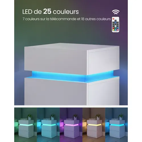 Table De Chevet, Lot De 2, Avec Bande LED Multicolore Réglable, 35 X 40 X 55 Cm, Blanc