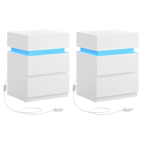 Table De Chevet, Lot De 2, Avec Bande LED Multicolore Réglable, 35 X 40 X 55 Cm, Blanc