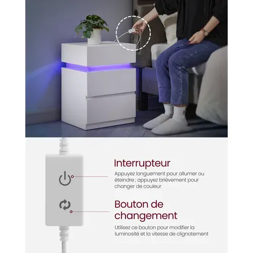 Table De Chevet, Lot De 2, Avec Bande LED Multicolore Réglable, 35 X 40 X 55 Cm, Blanc