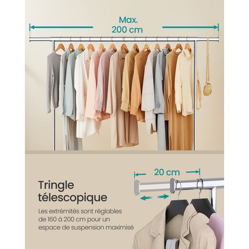 Portant à Vêtements Avec Roulettes, Tringle Extensible, 45 X (160-200) X 162,9 Cm, Argent