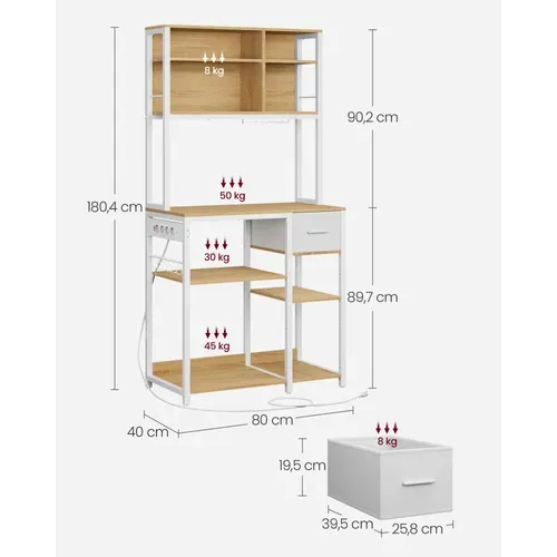 Étagère De Cuisine Avec Multiprise, Bar à Café Avec Étagères Réglables, 40 X 80 X 180,4 Cm,blanc