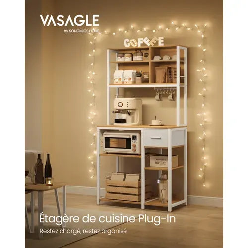 Étagère De Cuisine Avec Multiprise, Bar à Café Avec Étagères Réglables, 40 X 80 X 180,4 Cm,blanc
