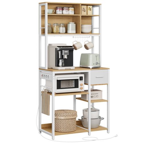 Étagère De Cuisine Avec Multiprise, Bar à Café Avec Étagères Réglables, 40 X 80 X 180,4 Cm,blanc
