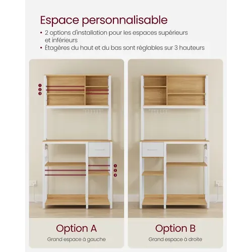 Étagère De Cuisine Avec Multiprise, Bar à Café Avec Étagères Réglables, 40 X 80 X 180,4 Cm,blanc