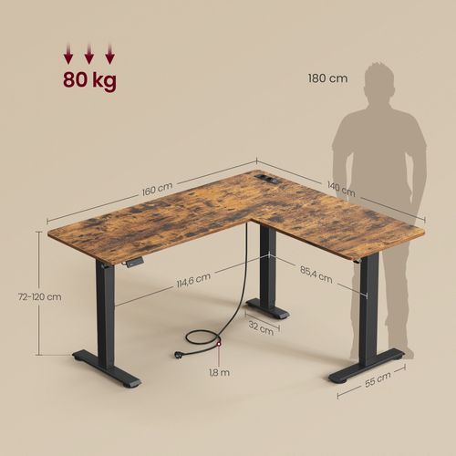 Bureau électrique Réglable En Hauteur, Table D’angle En L, 140 X 160 Cm, Marron Et Noir
