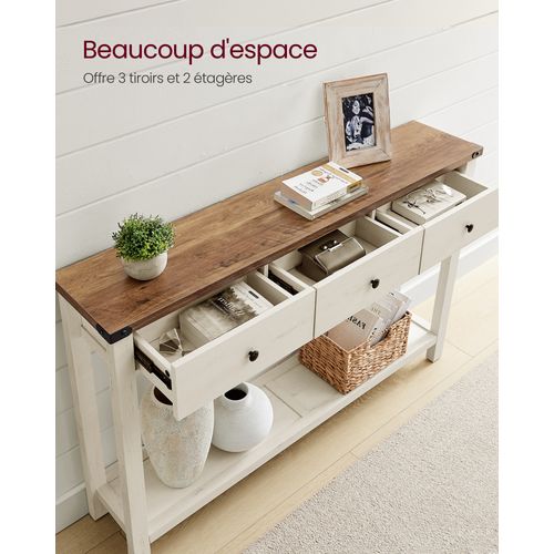 Table Console En Bois Avec 3 Tiroirs Et Compartiment Ouvert - 130x30x80 Cm - Style Rustique Tressé - Pour Entrée, Salon, Chambre - 9