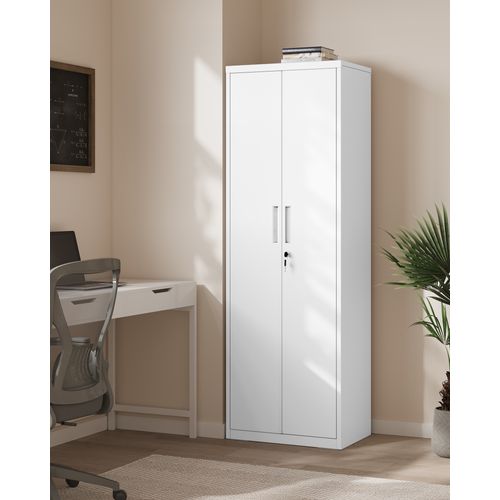 Meuble De Rangement Bureau, 5 Niveaux, Doubles Portes, Serrure, Étagères Réglables, Blanc Mat