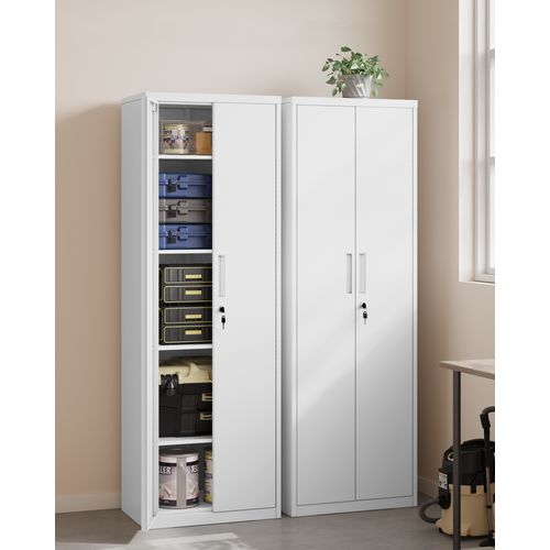 Meuble De Rangement Bureau, 5 Niveaux, Doubles Portes, Serrure, Étagères Réglables, Blanc Mat