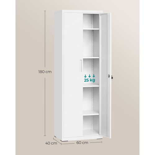 Meuble De Rangement Bureau, 5 Niveaux, Doubles Portes, Serrure, Étagères Réglables, Blanc Mat